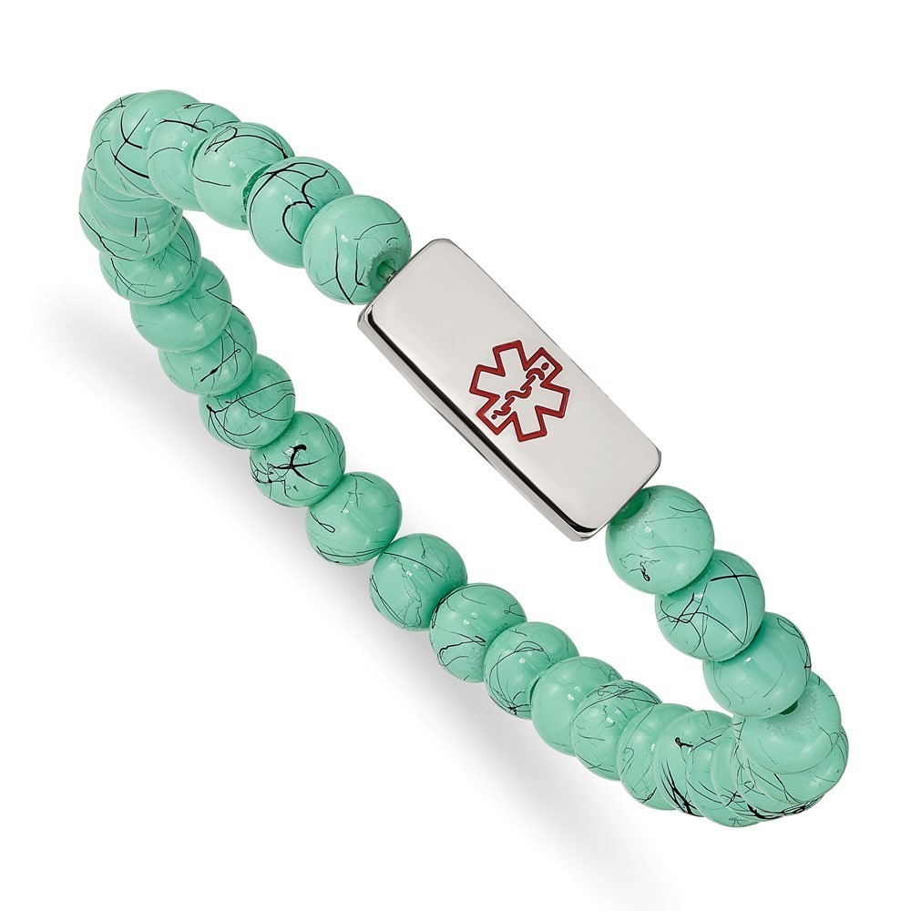 Stainless Steel Red Enamel Medical ID 6.5mm Turquoise Glass Bead Strtch Bracelet
